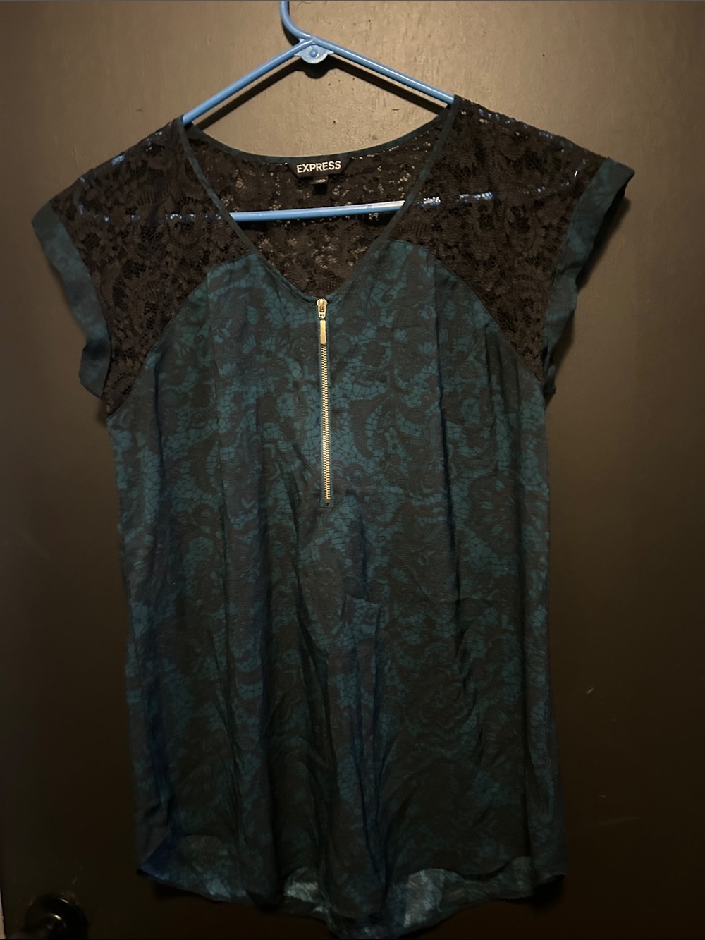 Express Teal Blue Lace-Panel Zip Front Blouse